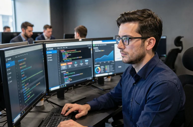 Professionnel IT masculin analysant des tableaux de bord de sécurité réseau sur plusieurs écrans dans un bureau moderne