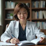 Psychiatre femme consultant le manuel DSM dans un cabinet médical professionnel