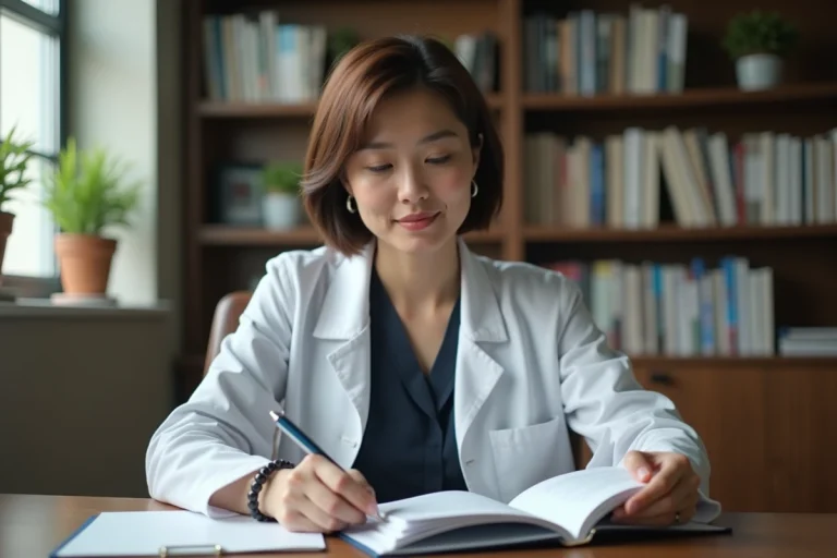 Psychiatre femme consultant le manuel DSM dans un cabinet médical professionnel