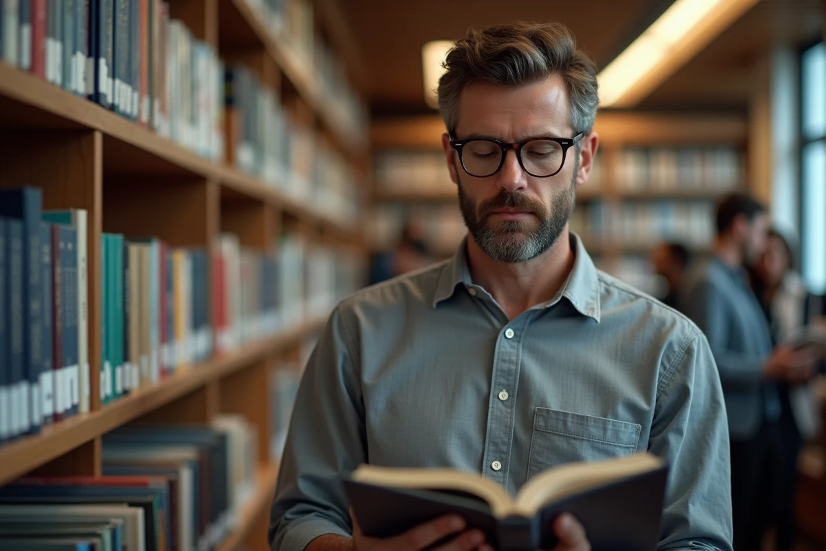 Psychologue homme lisant un manuel de diagnostic psychiatrique dans une bibliothèque universitaire