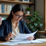 Femme consultant un contrat d'assurance vie à son bureau avec des documents et un stylo