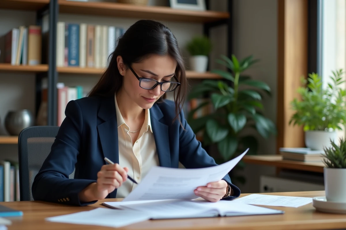 Femme consultant un contrat d'assurance vie à son bureau avec des documents et un stylo