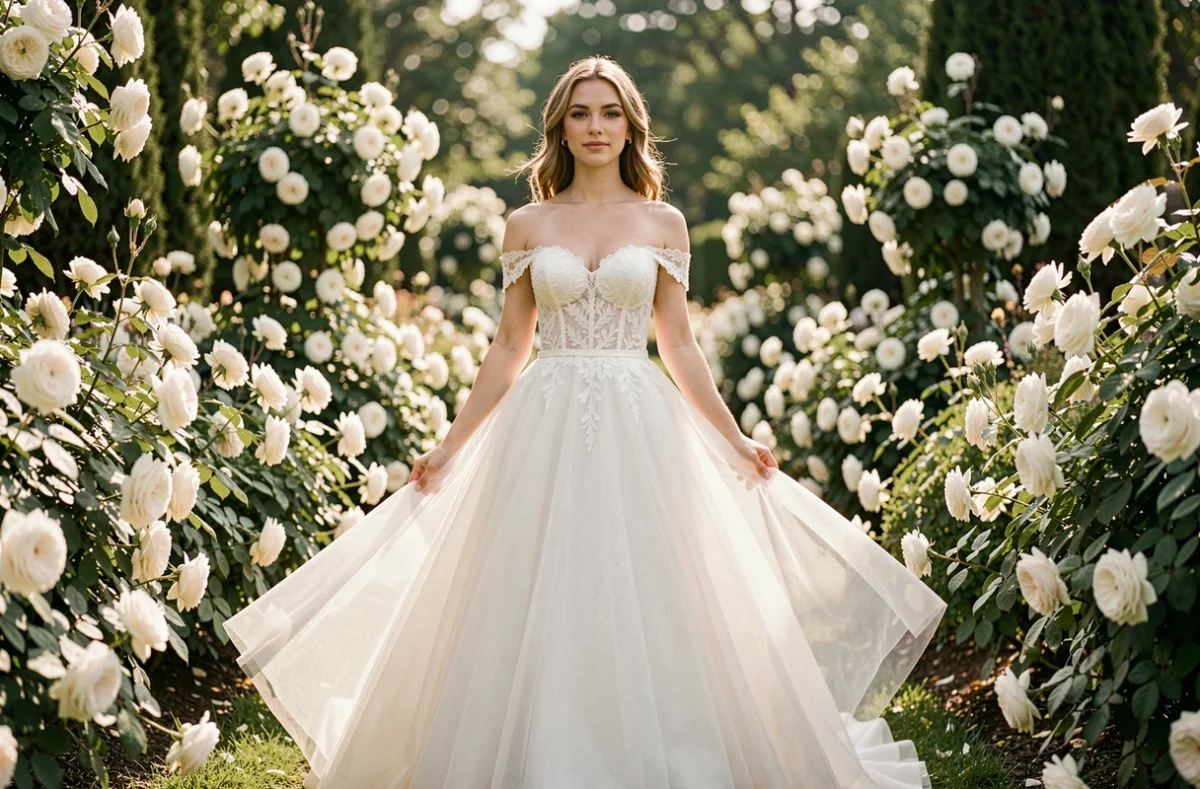 Mariée en robe de bal en dentelle et tulle dans un jardin botanique fleuri, tendances robes de mariée 2024