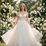 Mariée en robe de bal en dentelle et tulle dans un jardin botanique fleuri, tendances robes de mariée 2024