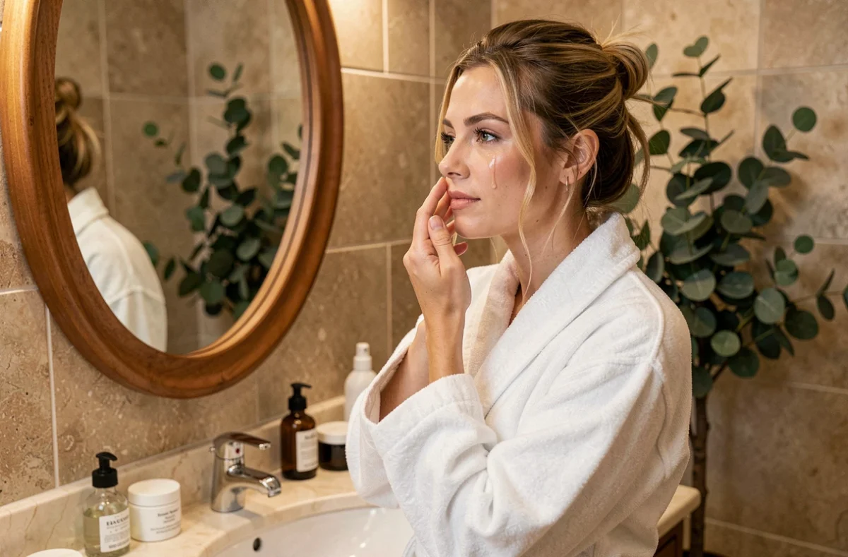 Femme appliquant un sérum sur son visage devant un miroir de salle de bain élégante, routine de soin beauté quotidienne