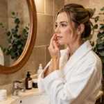 Femme appliquant un sérum sur son visage devant un miroir de salle de bain élégante, routine de soin beauté quotidienne