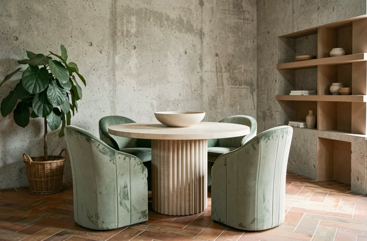 Salle à manger moderne avec table en plâtre cannelé, chaises en velours vert sauge et plante tropicale, tendances déco 2024