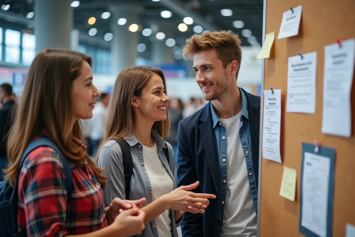 Groupe de jeunes adultes explorant des formations et métiers lors d'un salon d'orientation professionnelle