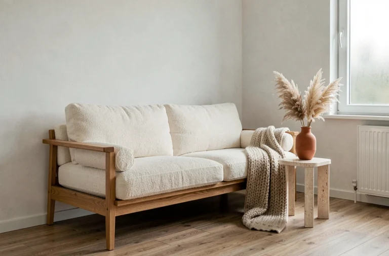 Salon scandinave avec canapé en bouclé ivoire, table en travertin et vase en terre cuite avec herbes de la pampa, tendances déco intérieur