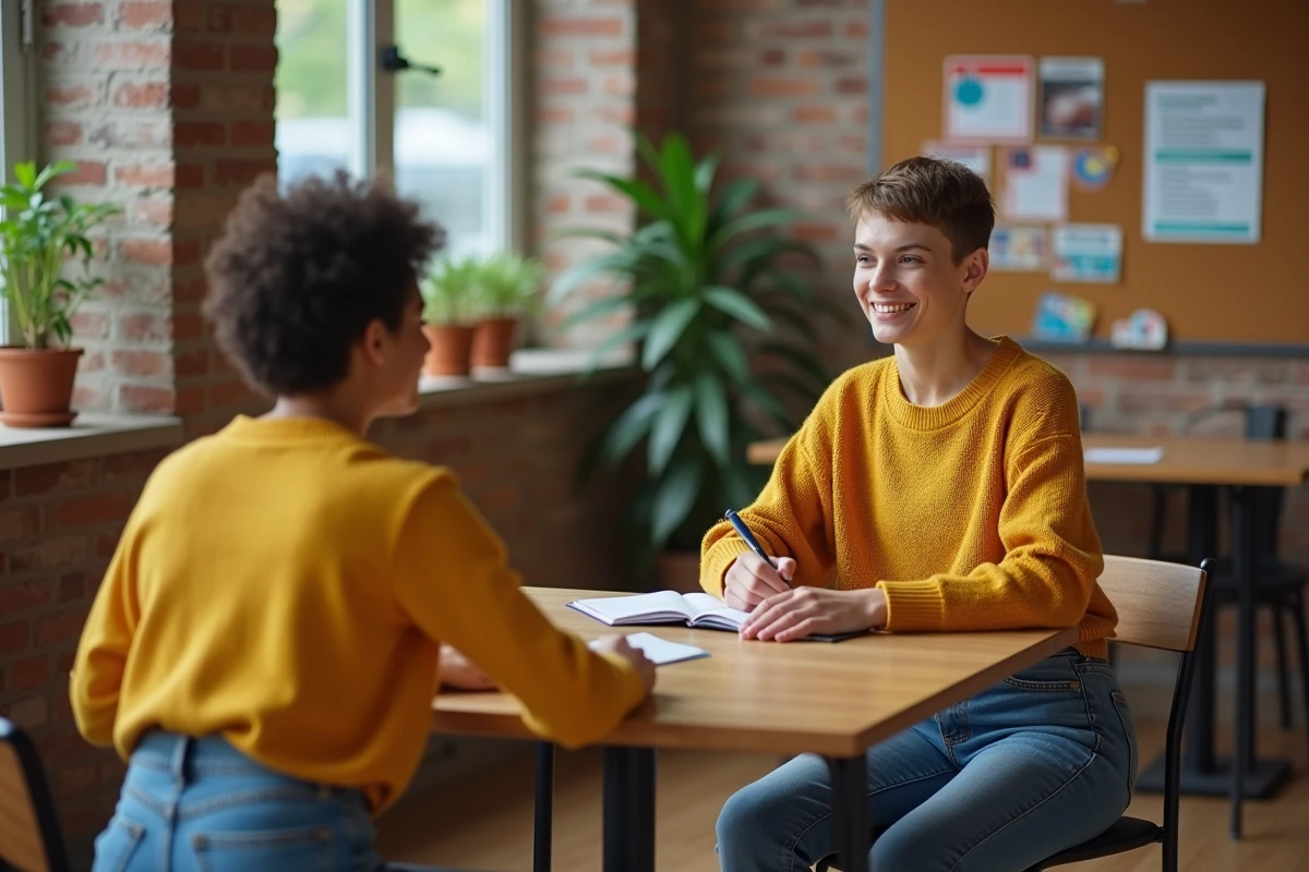 Jeune personne non-binaire lors d'une session de soutien dans un centre communautaire inclusif avec un mentor bienveillant
