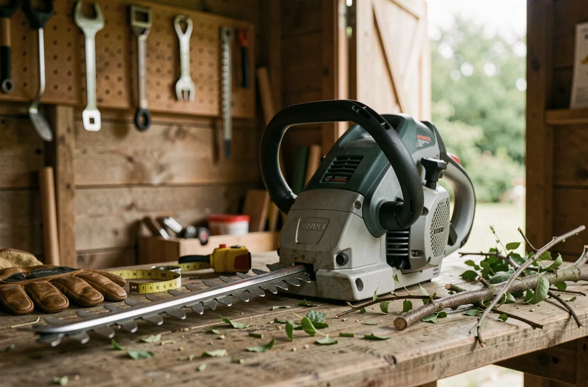 Taille-haie thermique professionnel posé sur un établi en bois dans un abri de jardin avec des accessoires d'entretien