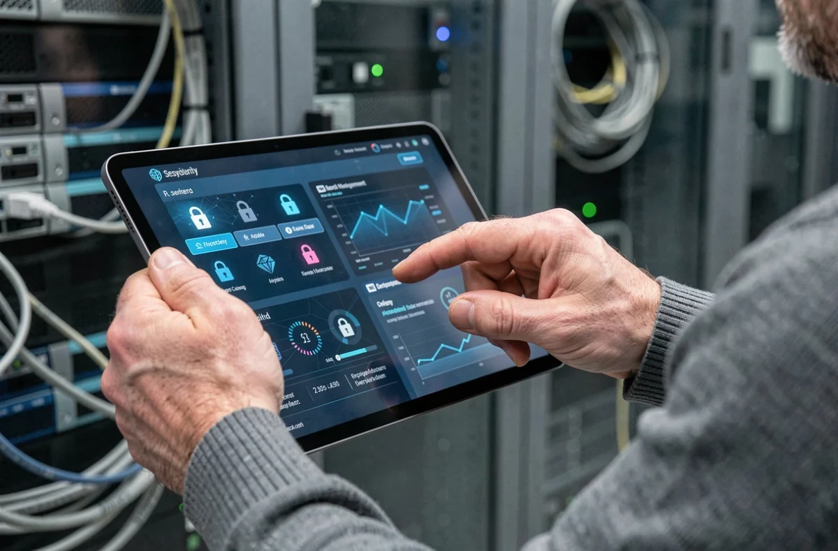Mains d'un technicien gérant un tableau de bord de cybersécurité sur une tablette dans une salle de serveurs