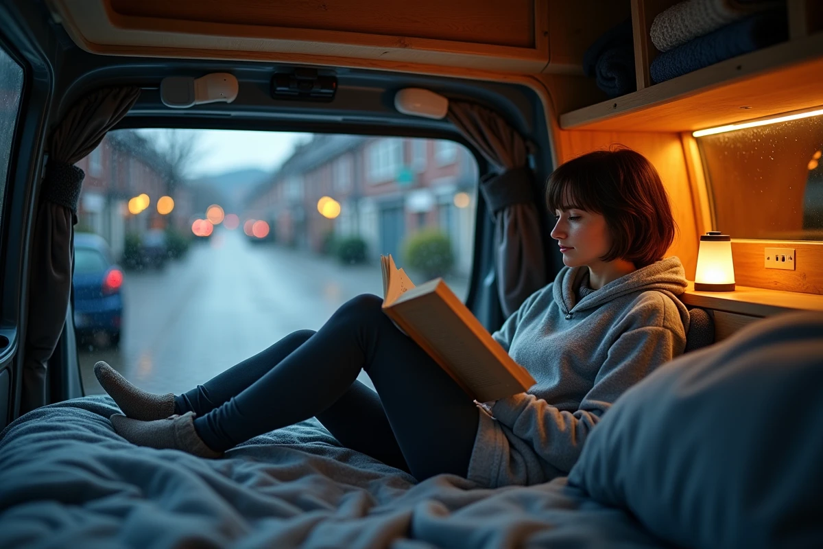 Femme lisant dans un van aménagé stationné dans une rue belge, illustrant la vie nomade et le stationnement nocturne en véhicule