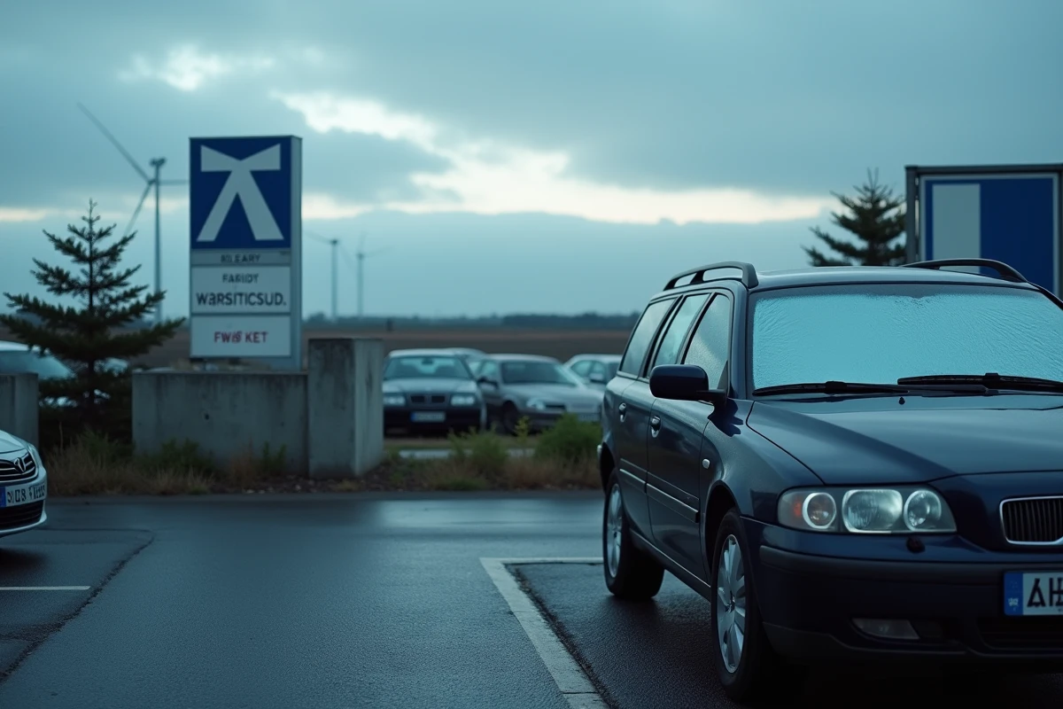 Voiture garée sur un parking d'autoroute belge à l'aube avec pare-soleil intérieur, illustrant la réglementation du sommeil en voiture en Belgique