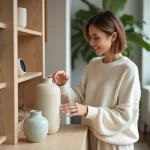 Femme élégante arrangeant des vases en céramique dans un salon moderne