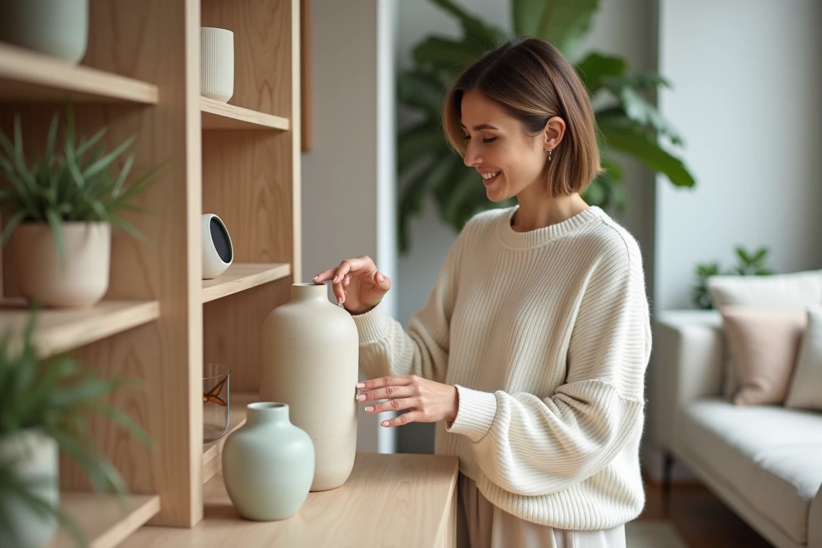 Femme élégante arrangeant des vases en céramique dans un salon moderne